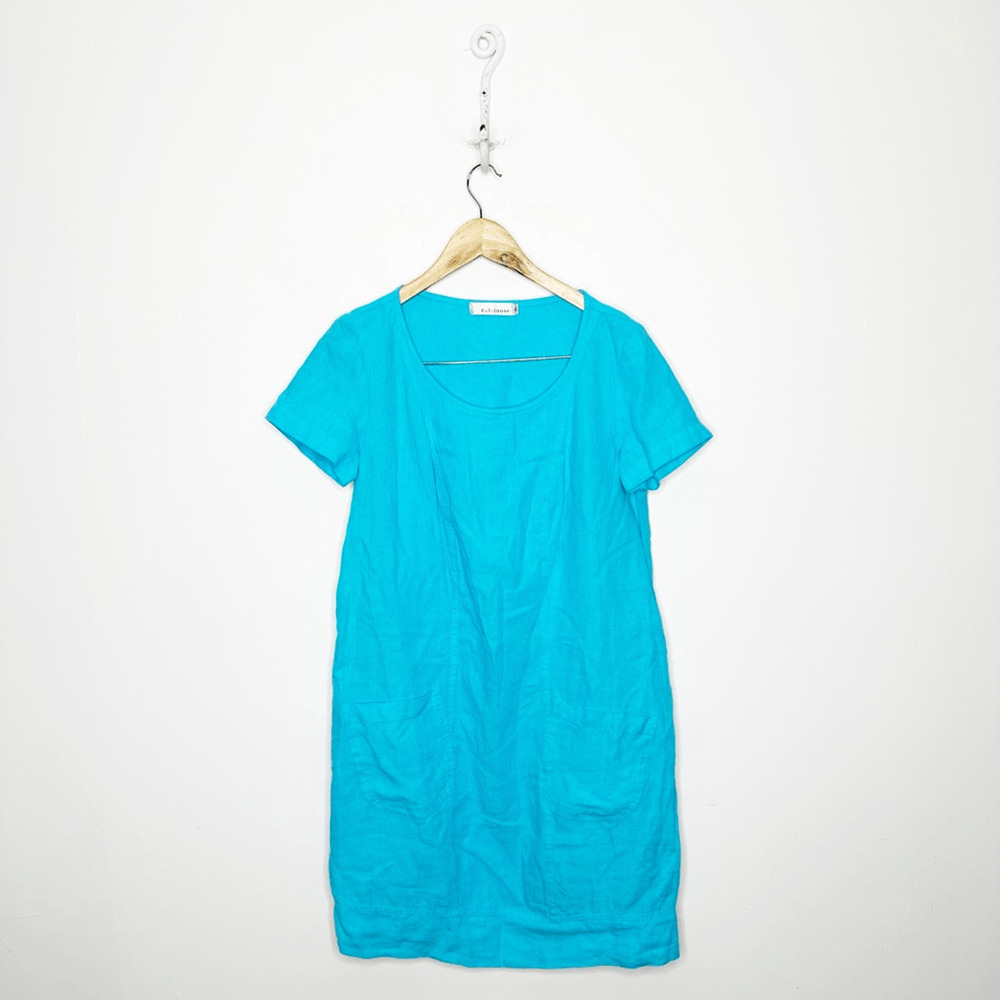 CUT LOOSE Solid Linen Shift Dress Blue short sleeve pockets lagenlook womens XS